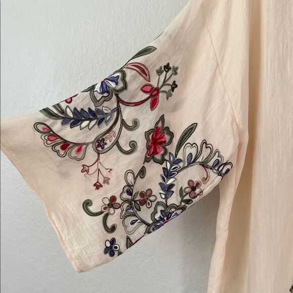 NWT Madam Butterfly Linen Floral Embroidered Kimono Cardigan Cream One Size - Picture 4 of 14
